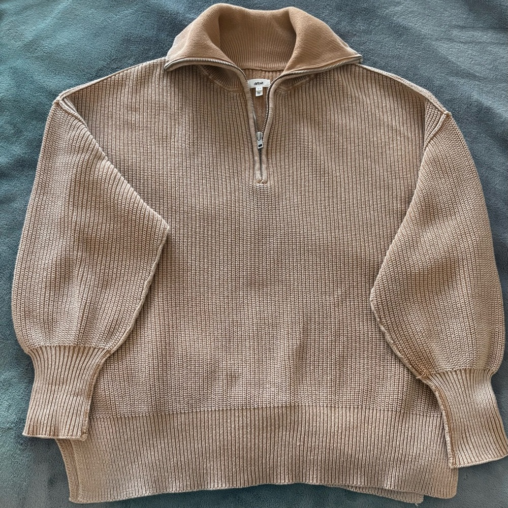 Aerie Tan Zip Up Sweater with High Collar. NWOT